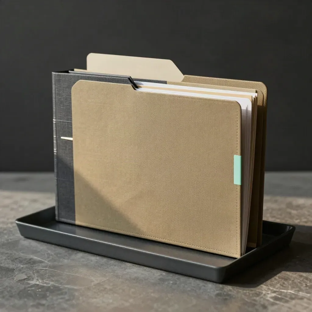 Set folder analisis pesaing di atas dulang gelap dengan cahaya studio lembut.