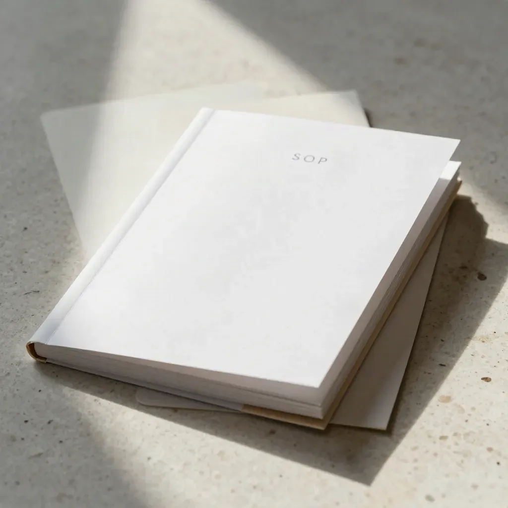 Buku templat SOP putih dengan kad pendamping di atas slab travertin.