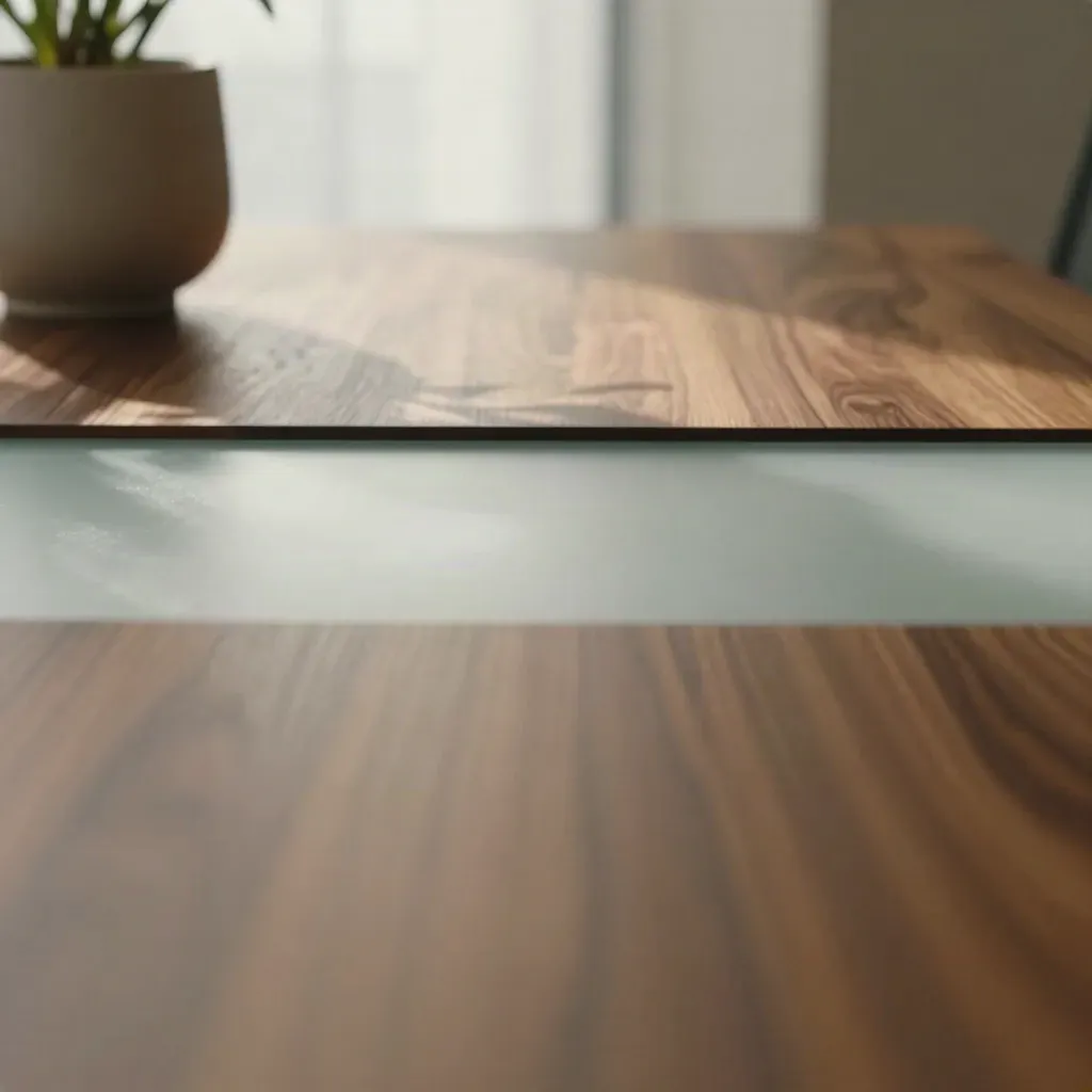 Permukaan mesyuarat kayu walnut dengan kaca beku, pasu seramik kabur dan cahaya tingkap lembut.